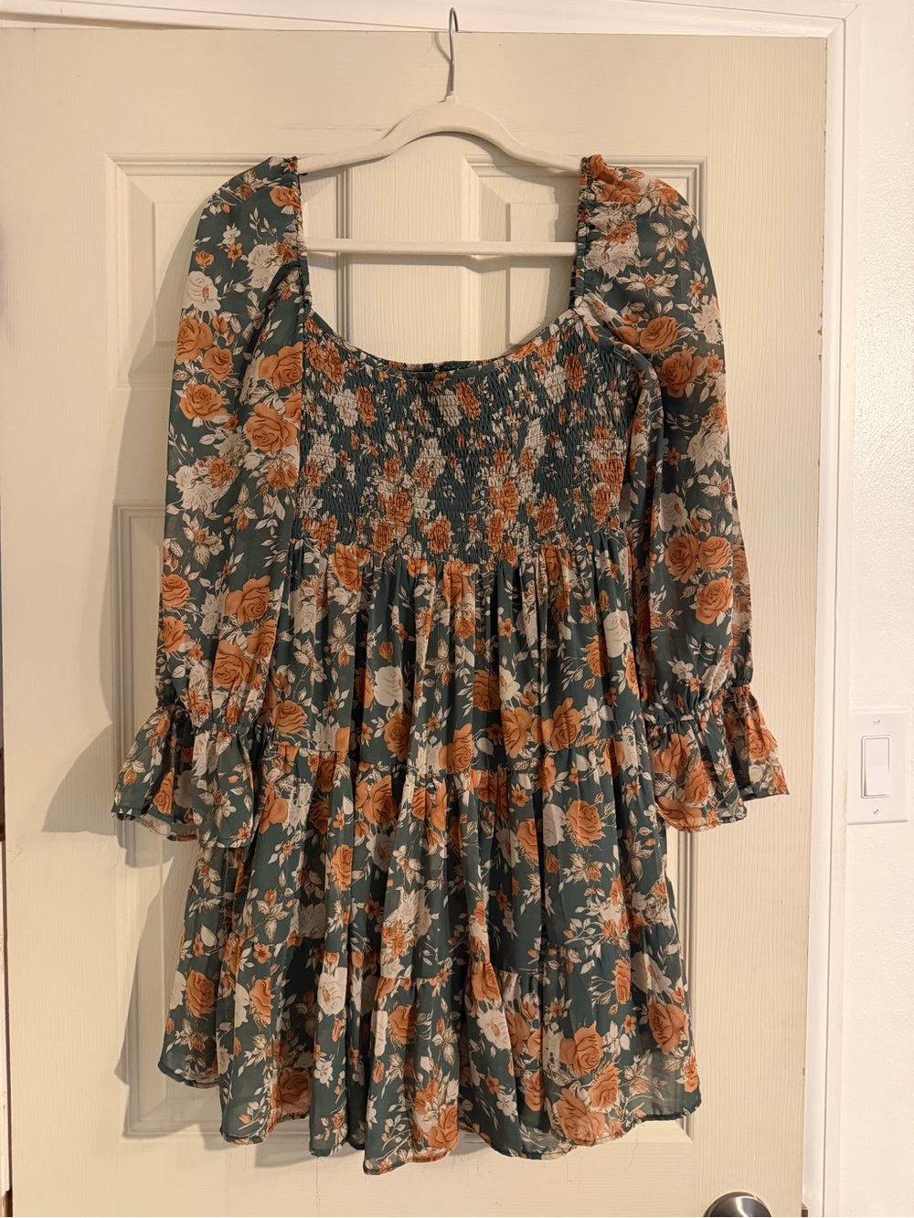 Floral Smocked Mini Dress in Green and Rust